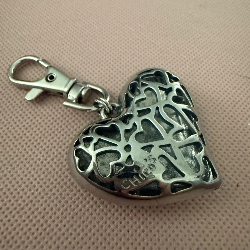 Chico's Silver Heart‎ Bag Charm Rhinestone Pavé Filigree Keychain Accessory